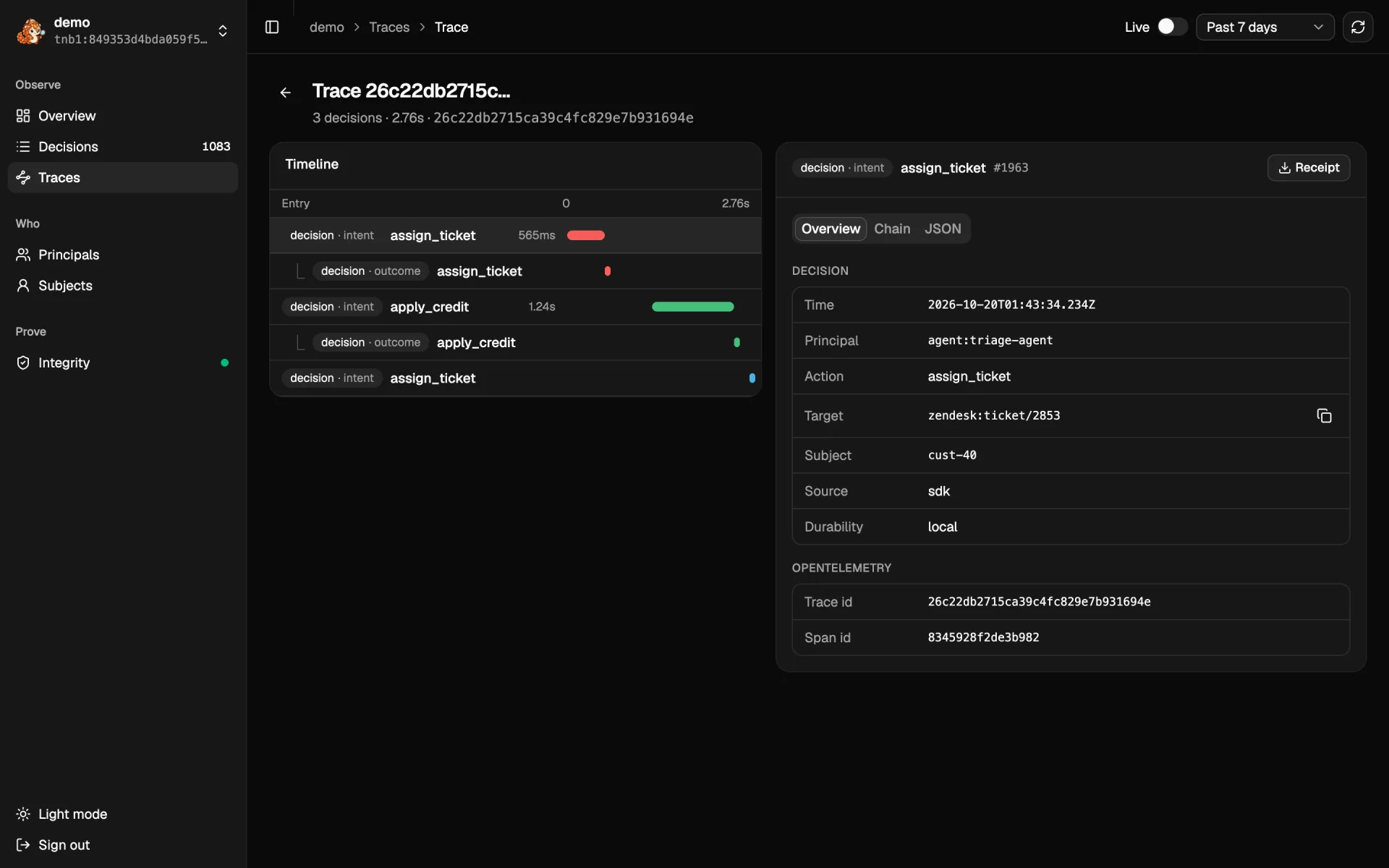 Tenbri UI trace view: three agent decisions under one OpenTelemetry trace as a timeline, with the selected entry's details
